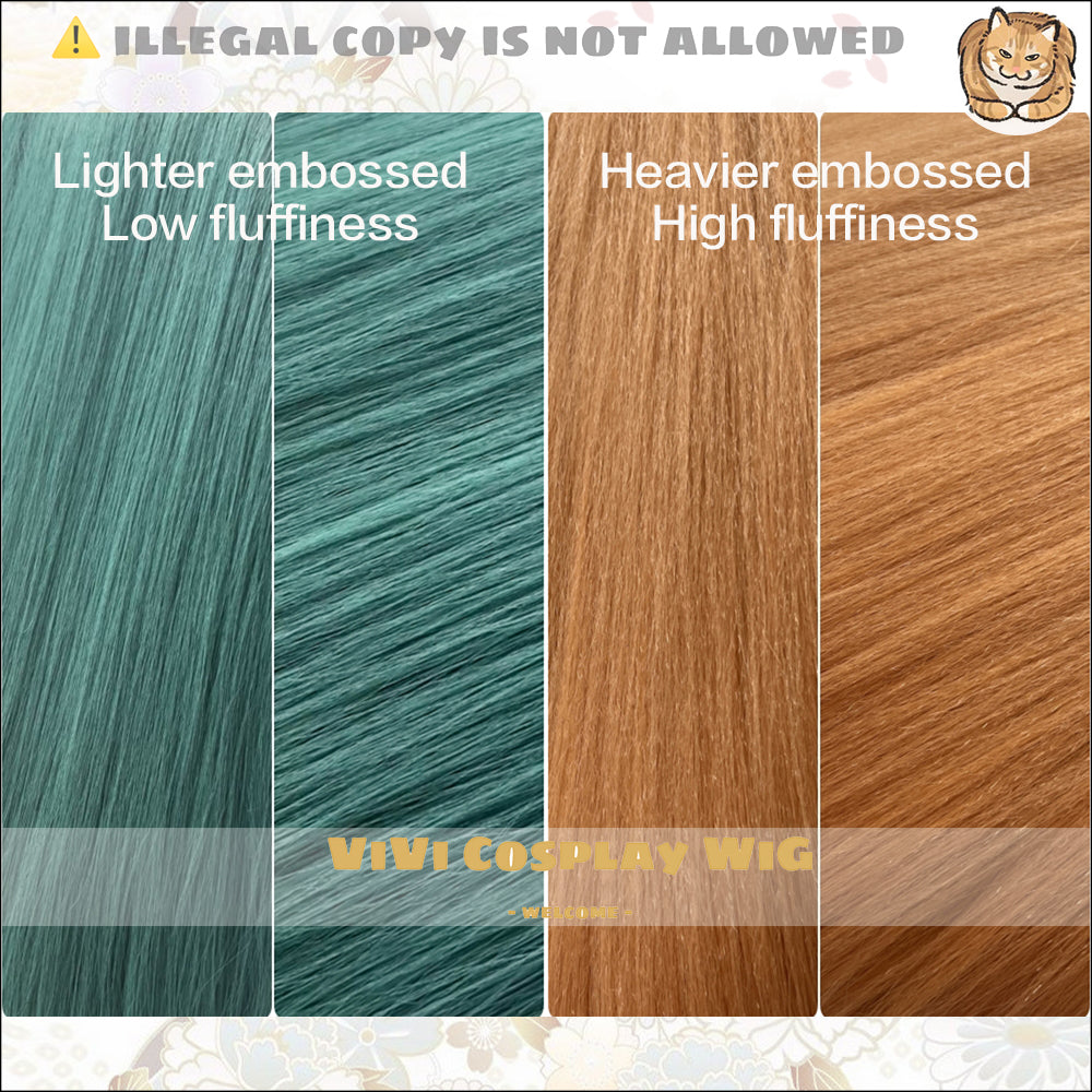 Different embossed texture samples for VIVI cosplay wigs: lighter low fluff and heavier high fluff styles.