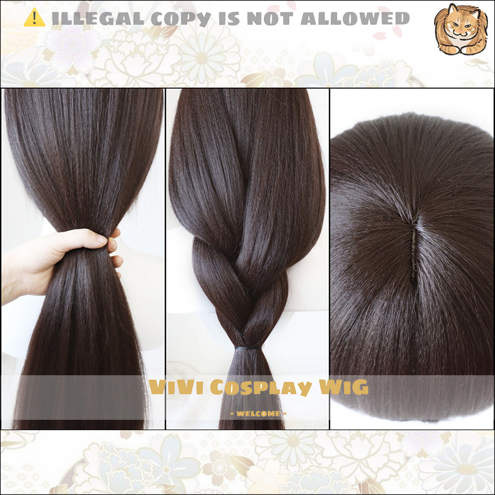VIVI Cosplay Wig in brown, showcasing long, styled variations: braids and smooth textures on a high-temperature silk wig.