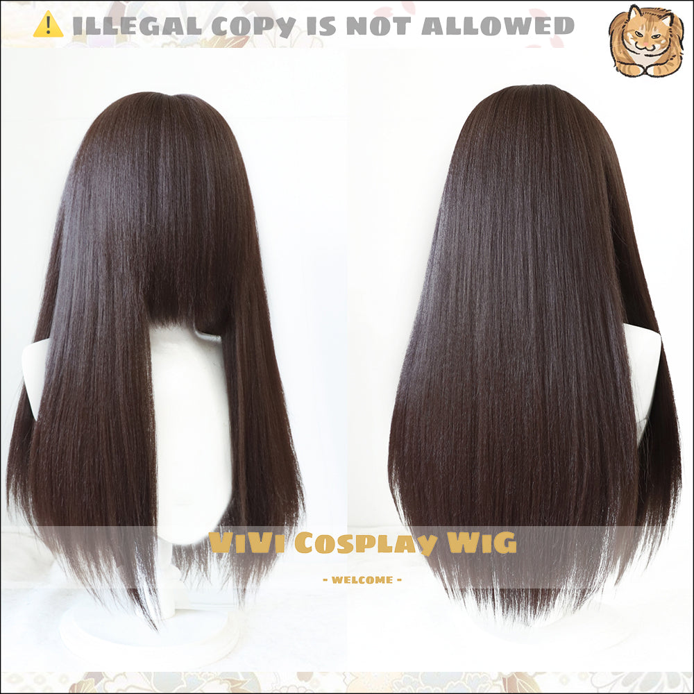 Mediun brown cosplay wig, 100cm, VIVI brand, perfect for women, showcasing sleek styling for anime characters.