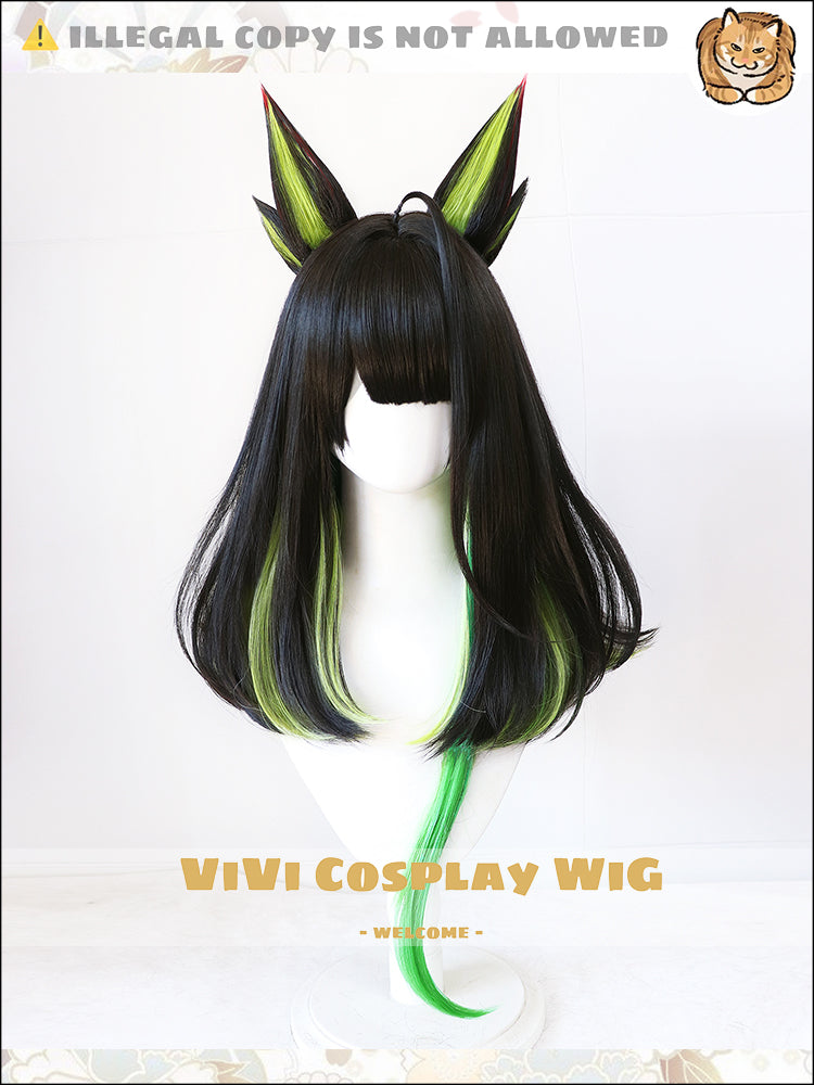 Front view of Mon3tr multicolor cosplay wig showing black green teal blend