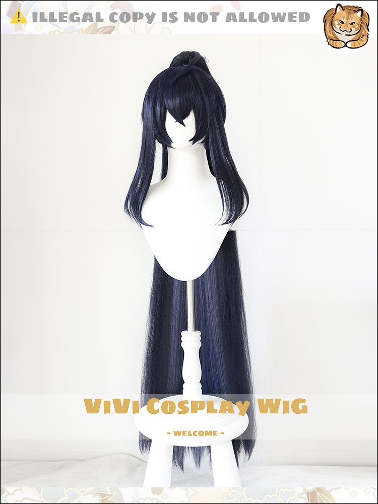 Front view of Blaze indigo slate ombre cosplay wig on display