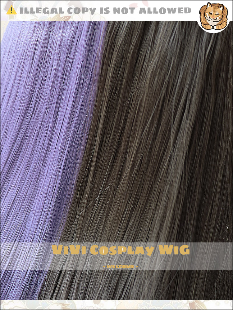 Close-up of chestnut and purple two-tone details on Arknights Priestess wig