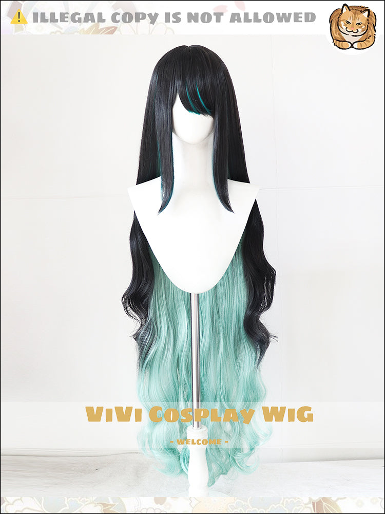 Front view of charcoal black and multi-green peekaboo ombre cosplay wig