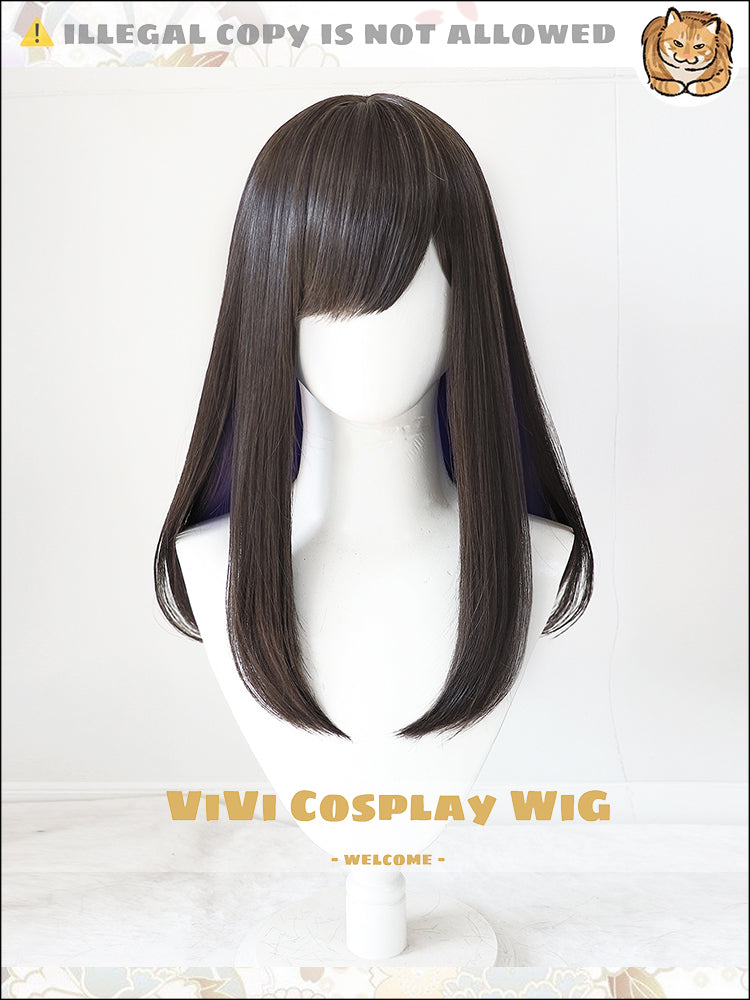 Front view of Arknights Priestess chestnut purple two-tone medium cosplay wig for women
