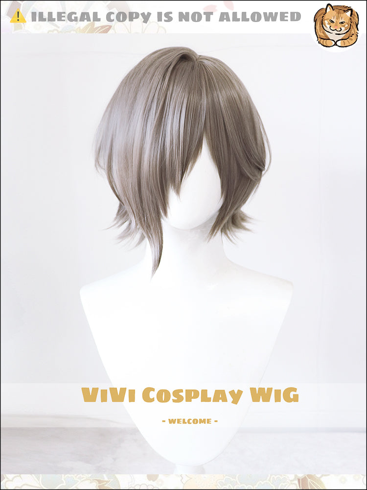 Front view of Arknights Phantom Dionysus Alternate misty shadow gray short cosplay wig for men