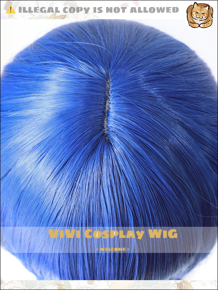 Close-up of double blue hair details and texture on Mostima wig