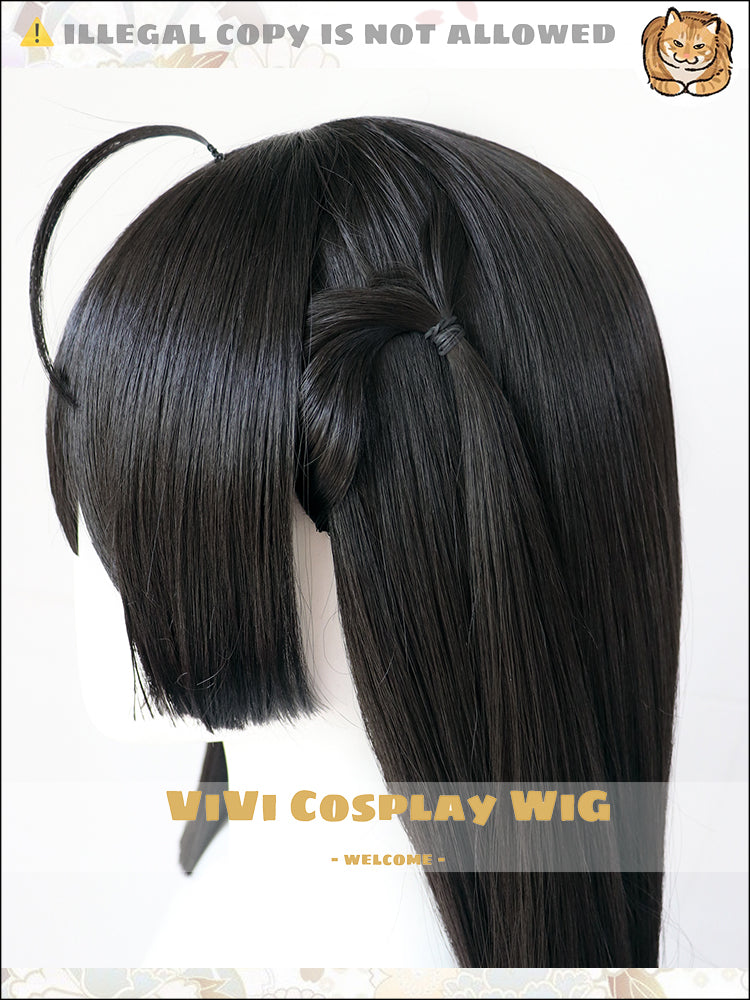 Side profile of long black anime wig for character cosplay