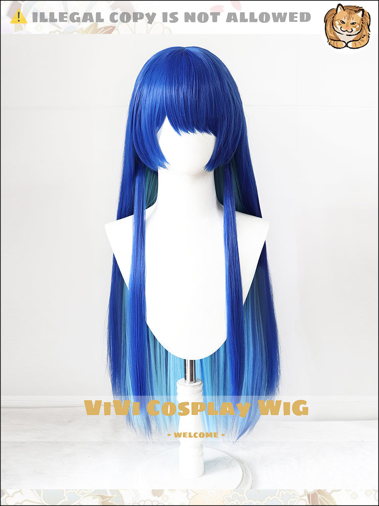 Front view of Arknights Mostima Phantom Melody blue long cosplay wig