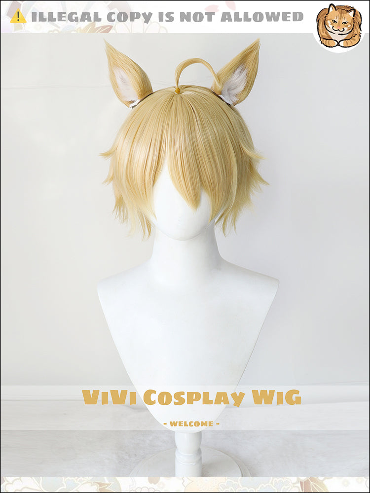 Front view of Arknights Mlynar warm vanilla blonde medium cosplay wig for men
