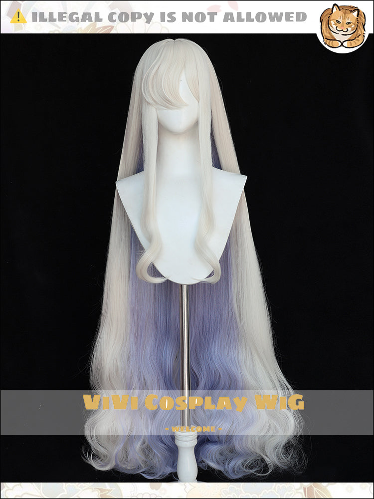 Front view of Arknights Eblana moonlight white pastel purple two-tone long cosplay wig