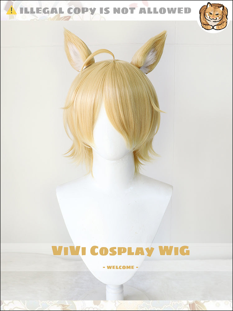 Front view of Arknights Młynar warm blonde short cosplay wig for men