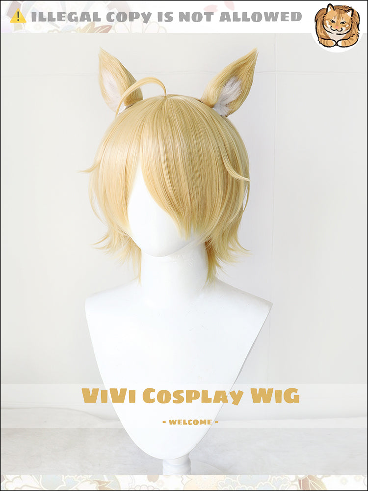 Side profile showing short cut and warm blonde color of Młynar wig