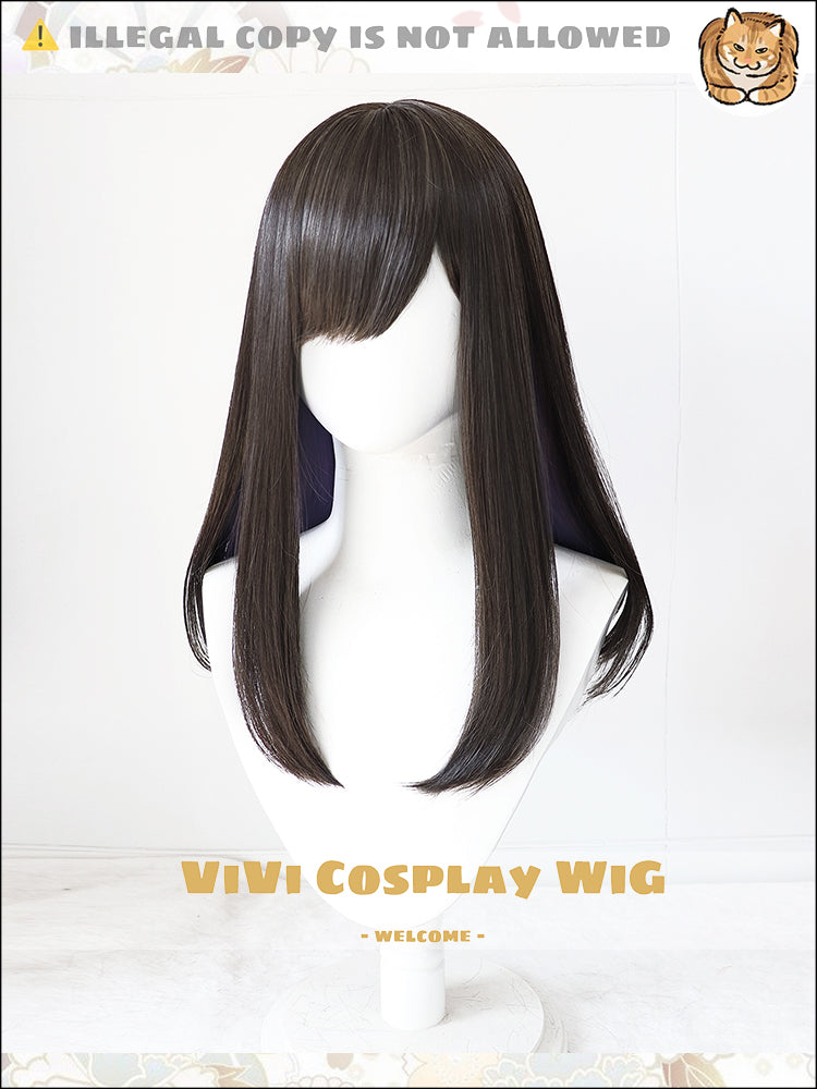 Side view showing chestnut and purple color blend on Priestess character wig