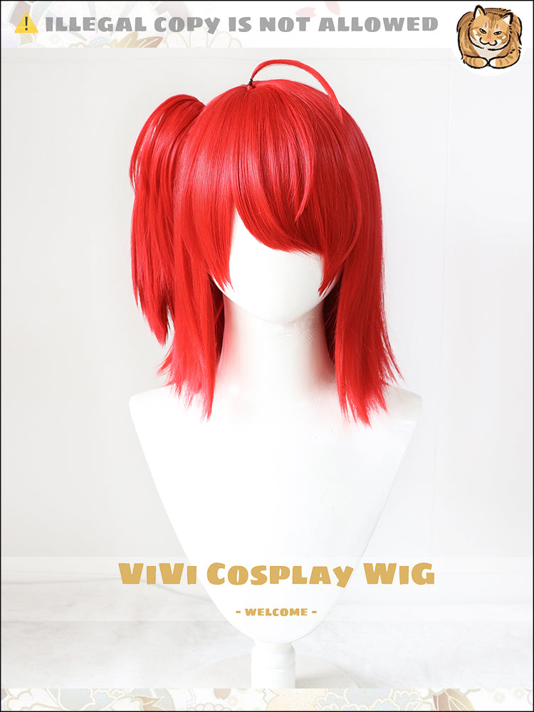Front view of Exusiai New Covenant fiery red short cosplay wig