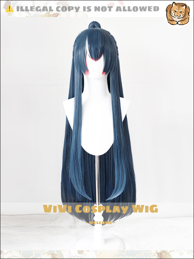 Front view of Arknights Ling mermaid teal ombre long cosplay wig for women
