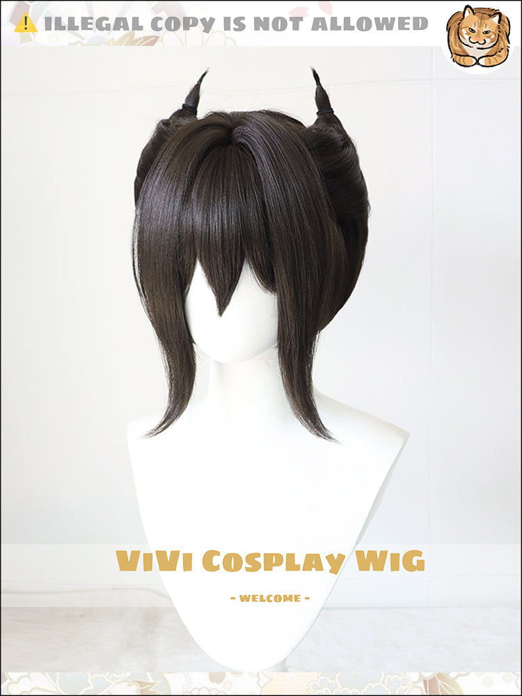 Front view of Arknights Entelechia dark brown short cosplay wig
